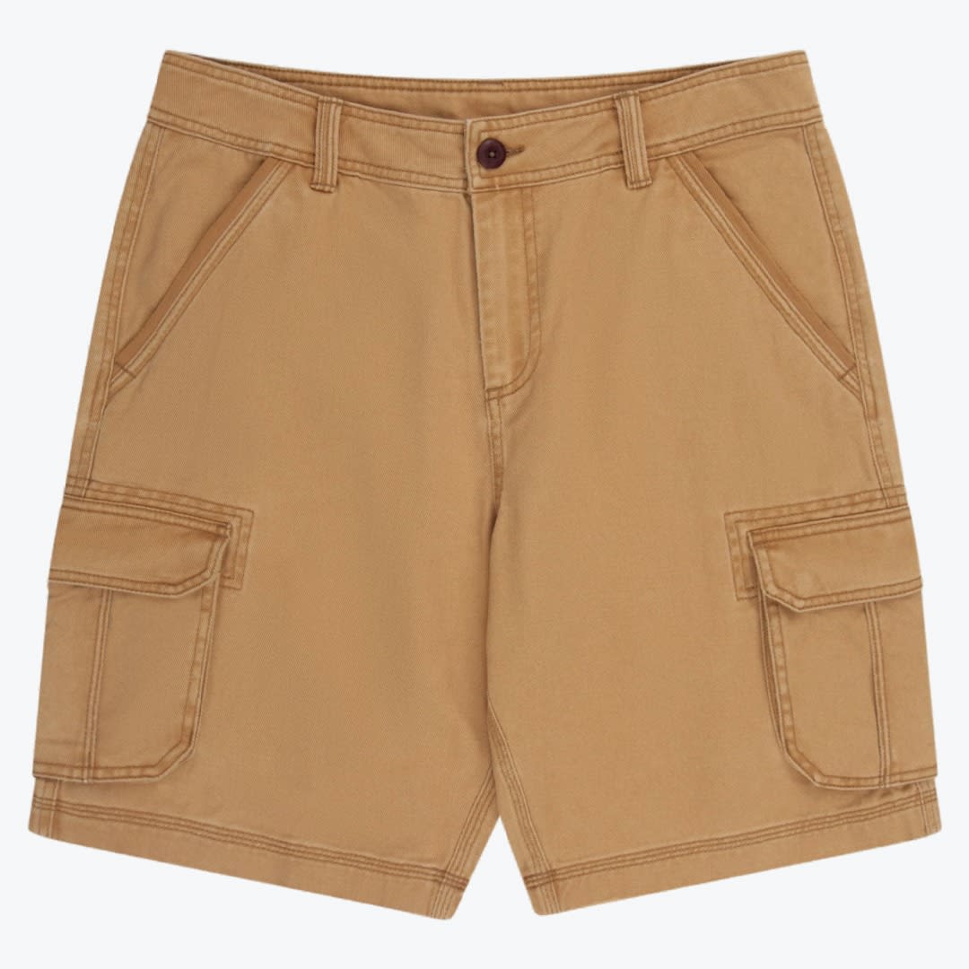 Men tan cargo shorts. A pair of tan cargo shorts laid flat against a white background, showing the front button, belt loops, side pockets, and cargo pockets on each leg.