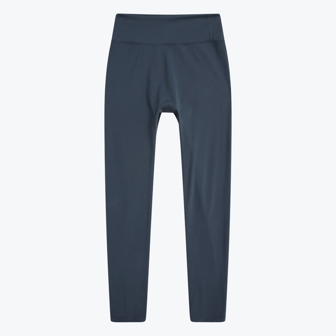 Dark Slate Blue High-Waisted Leggings A pair of dark slate blue high-waisted athletic leggings laid flat on a white background.
