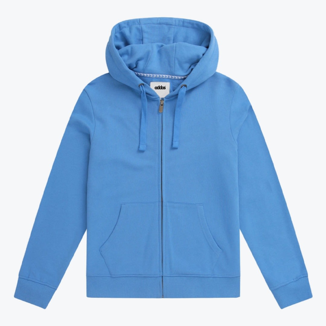 Grey Heathered Addos Pullover Hoodie A light blue zip-up hoodie with a drawstring hood and front kangaroo pockets, displayed flat against a white background.