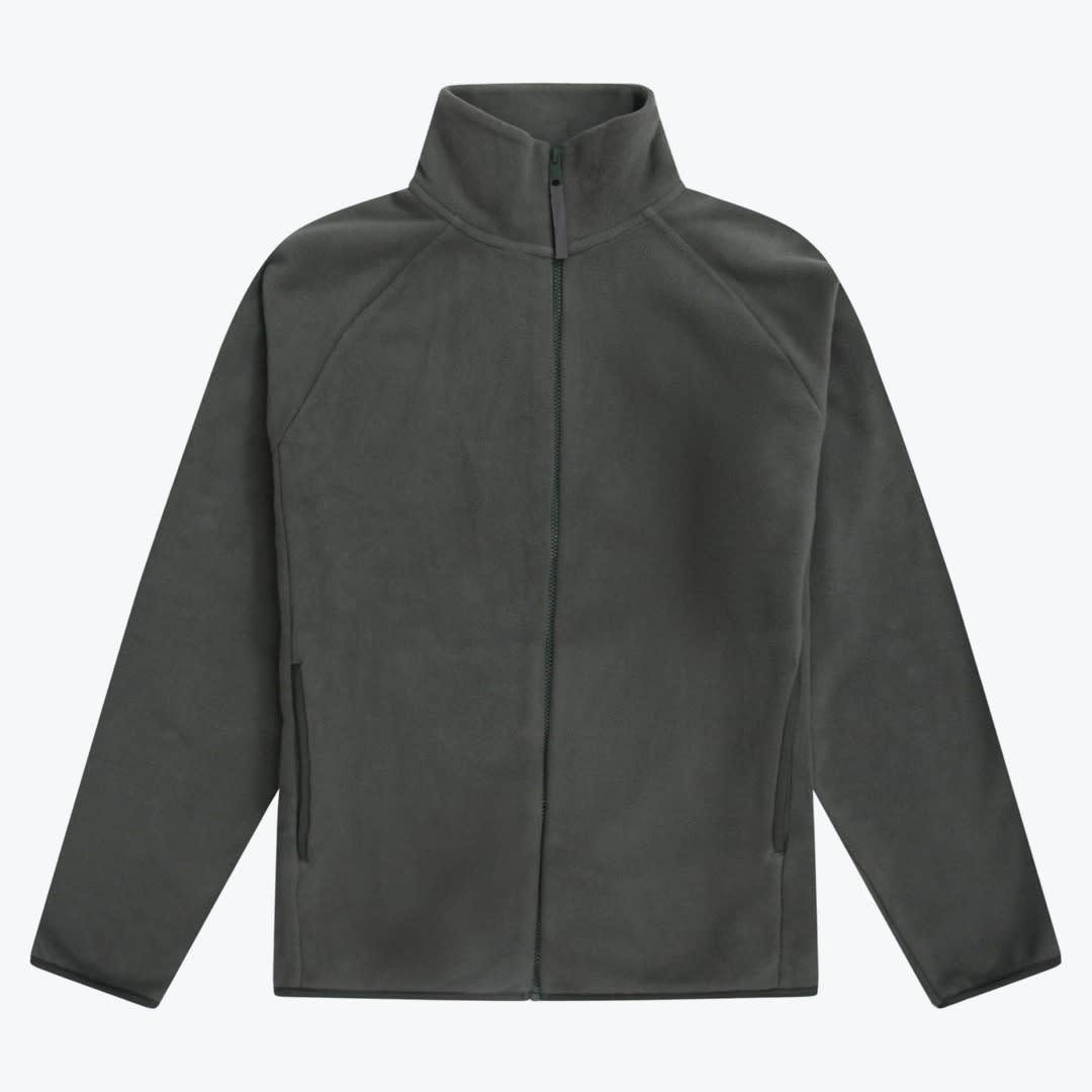 Dark Grey Full-Zip Fleece Jacket A dark grey fleece jacket with a full zipper, high collar, and side pockets, laid flat on a white background.