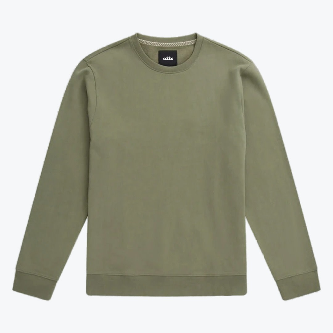 Olive Green Crewneck Sweatshirt An olive green long-sleeve crewneck sweatshirt displayed flat against a plain white background.