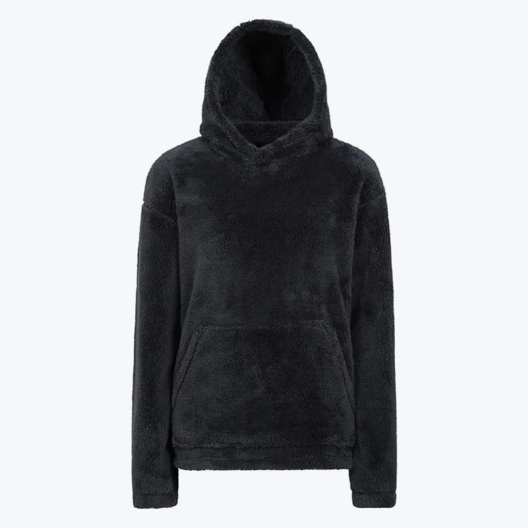 Black Sherpa Fleece Hoodie A plush black fleece hoodie with a kangaroo pocket and hood, displayed on a white background.