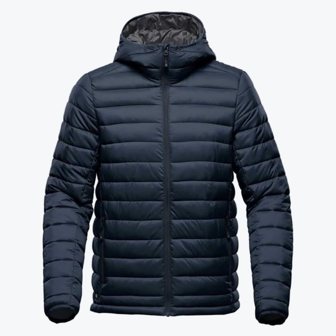 Men Navy Blue Hooded Puffer Jacket A navy blue hooded puffer jacket for men, featuring horizontal quilted sections and a full zipper, isolated on a white background.