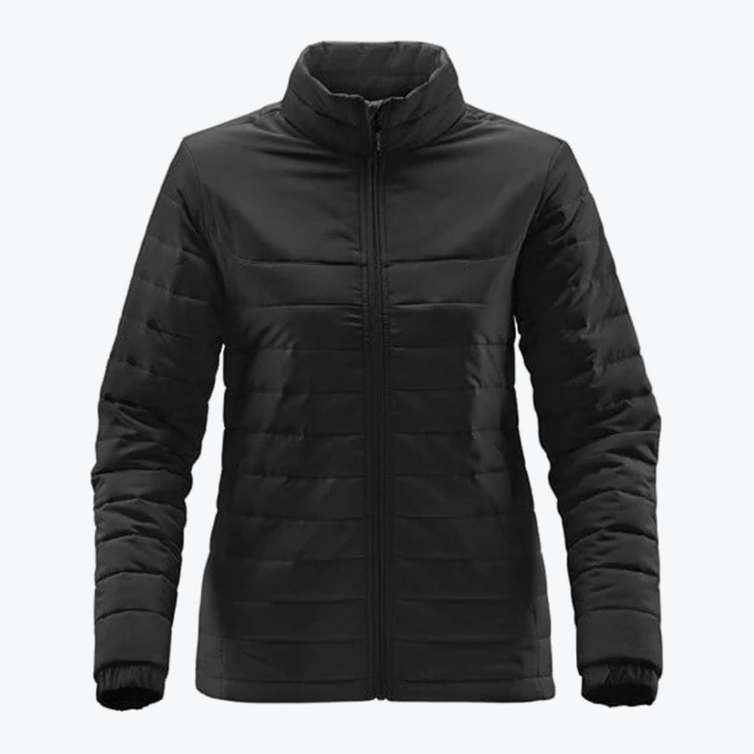 Women Black Lightweight Puffer Jacket A women black puffer jacket with horizontal quilting and a full zipper, shown against a white background.