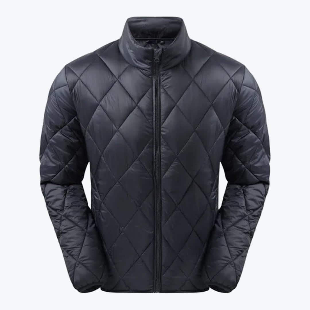 Men Black Diamond-Quilted Puffer Jacket A black diamond-quilted puffer jacket with a full zipper and stand-up collar, displayed against a plain white background.