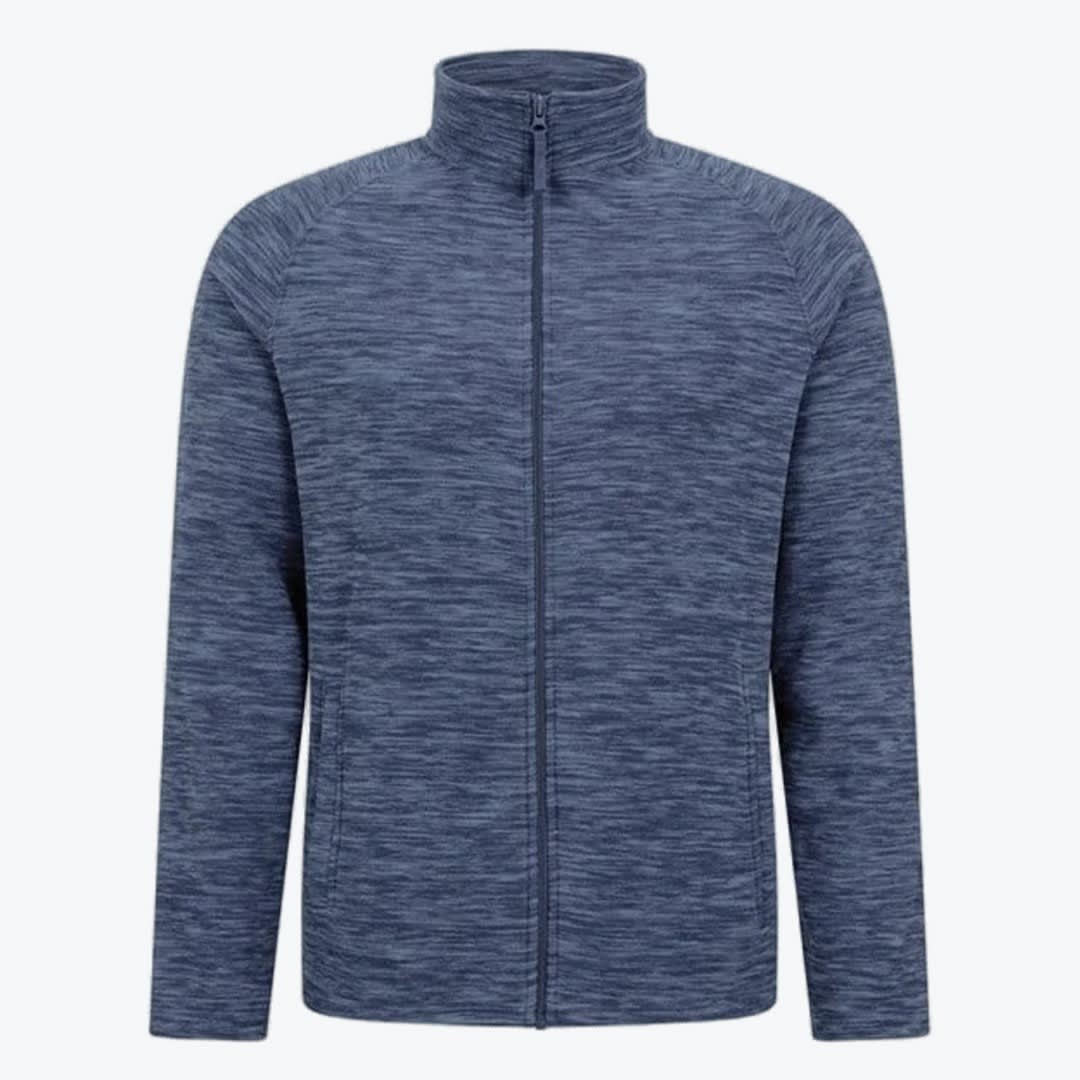 Men Heathered Blue Full-Zip Fleece Jacket A front-facing studio shot of a men heathered blue full-zip fleece jacket with a high collar and raglan sleeves against a plain white background.