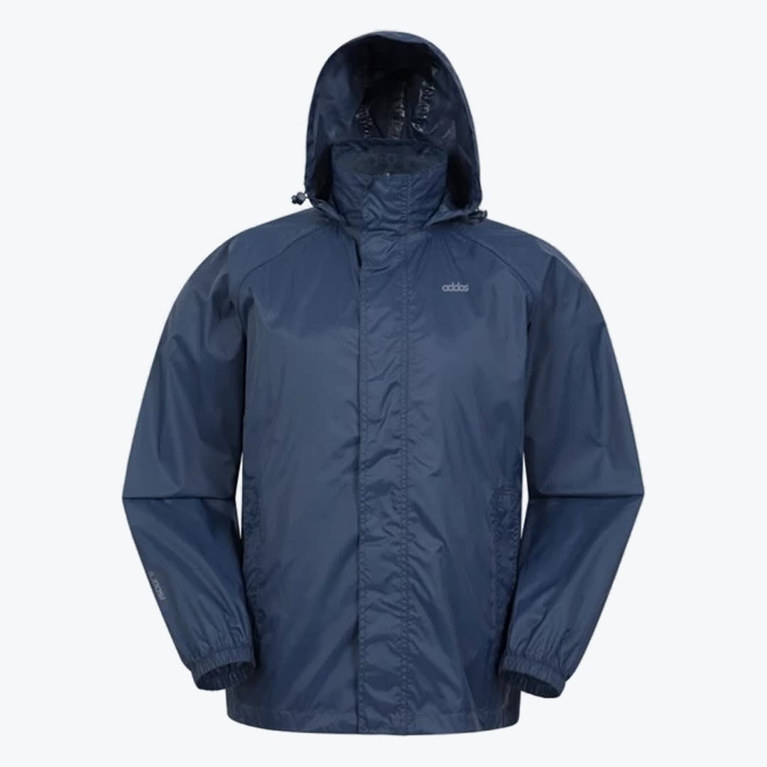 Navy Blue Waterproof Hooded Jacket A navy blue waterproof hooded jacket with elastic cuffs and a storm flap over the front zipper, displayed against a plain white background.