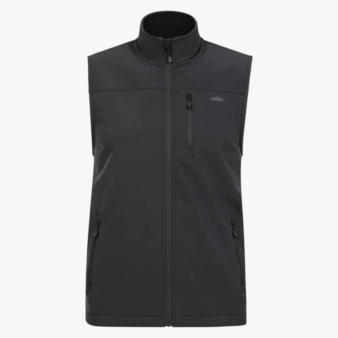 Addos Men Black Softshell Vest A front view of a black Addos sleeveless vest with a full zipper, high collar, and multiple zippered pockets against a plain white background.