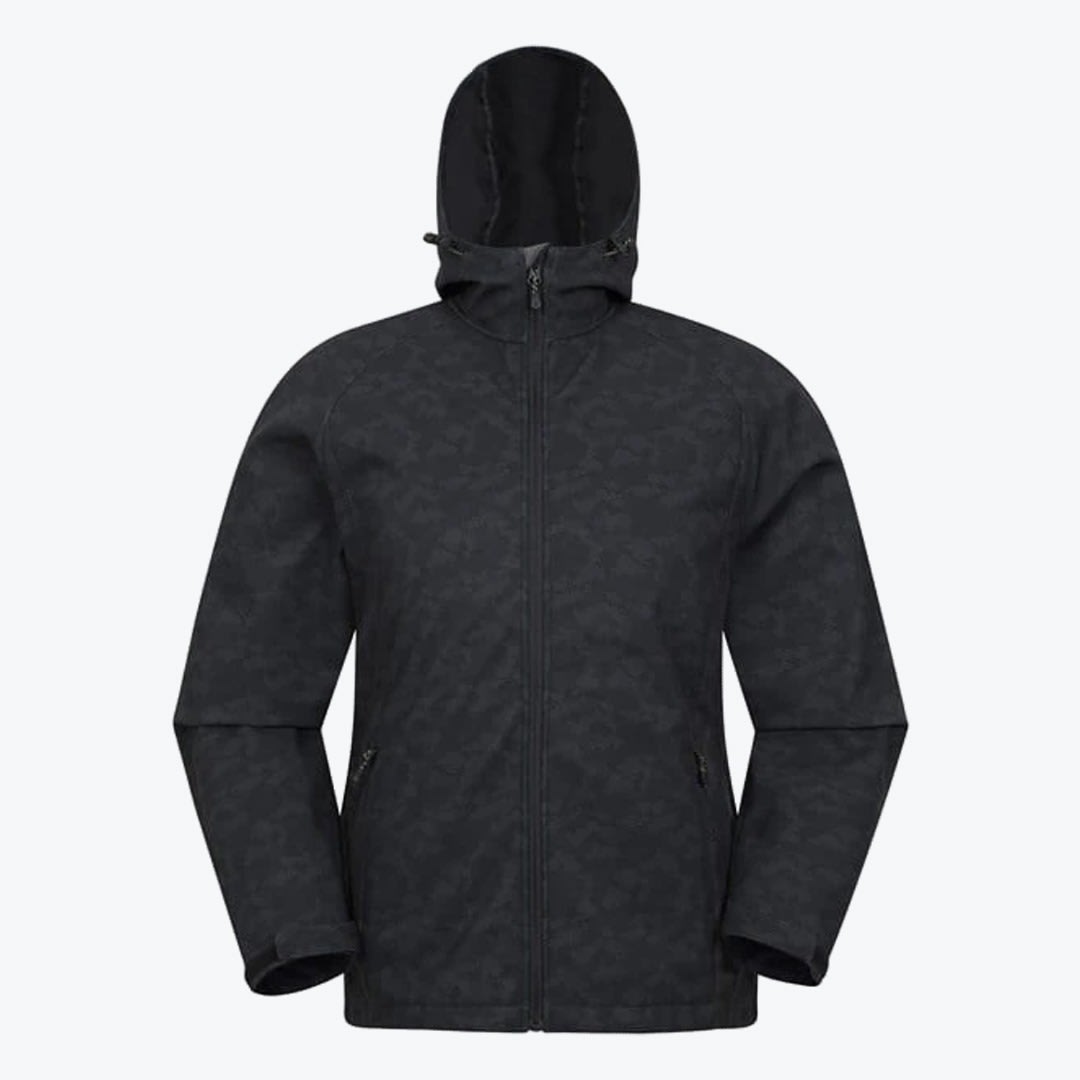 Black Camo Hooded Softshell Jacket A front view of a black hooded softshell jacket with a subtle camo pattern, displayed against a plain white background.