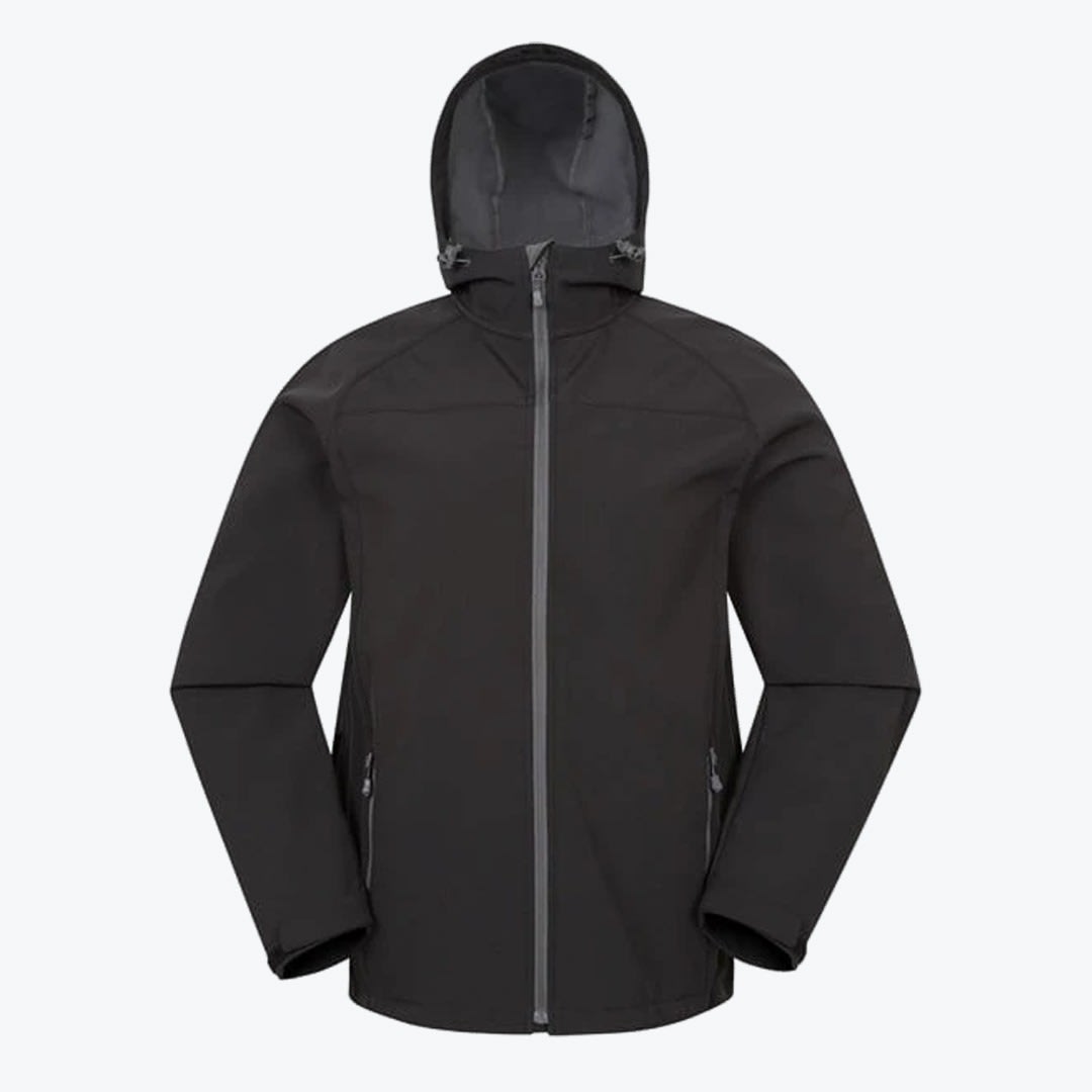 Men Black Hooded Softshell Jacket A front view of a black hooded softshell jacket with a grey zipper and side pockets on a white background.