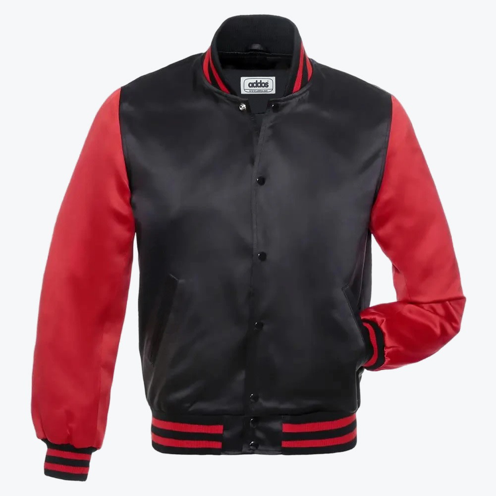 Black and Red Satin Varsity Jacket A black satin varsity jacket with red sleeves, striped ribbed trim, and snap buttons, displayed against a white background.