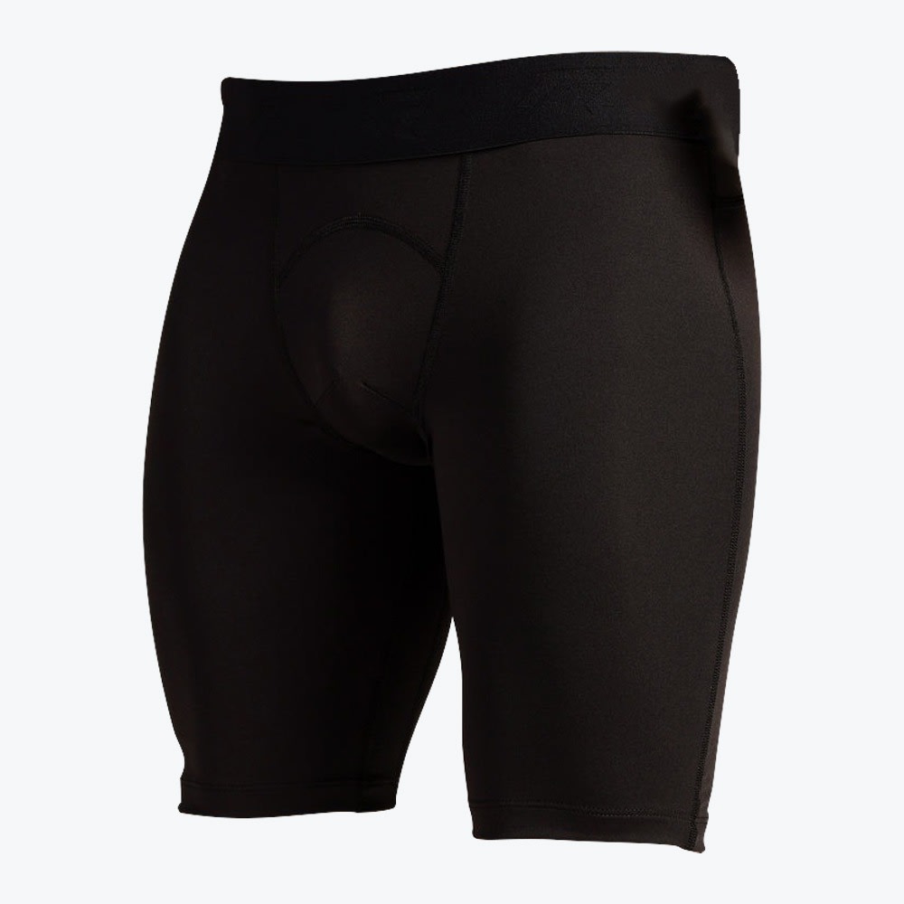 Men Black Compression Shorts A pair of black athletic compression shorts shown from a three-quarter angle against a white background.
