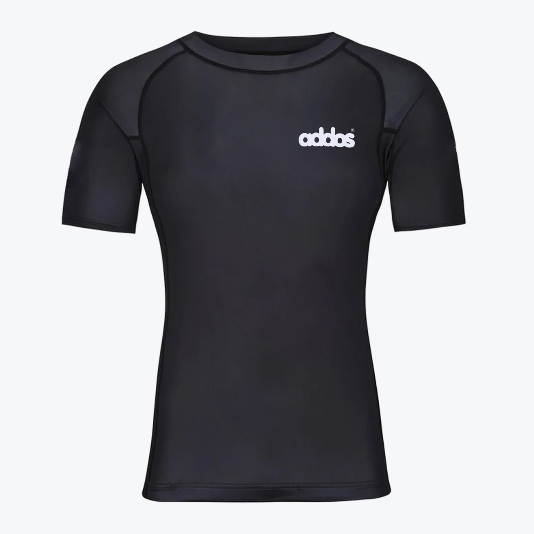 Black Short-Sleeve Compression Shirt A black short-sleeve compression shirt with a white addos logo on the left chest.