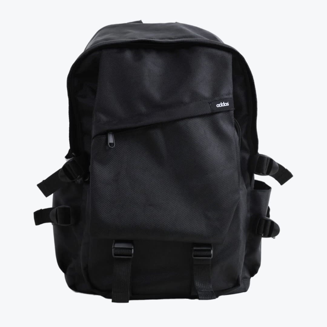Black Utility Backpack with Buckle Straps Front view of a black utility backpack with buckle straps and side compression buckles on a white background.