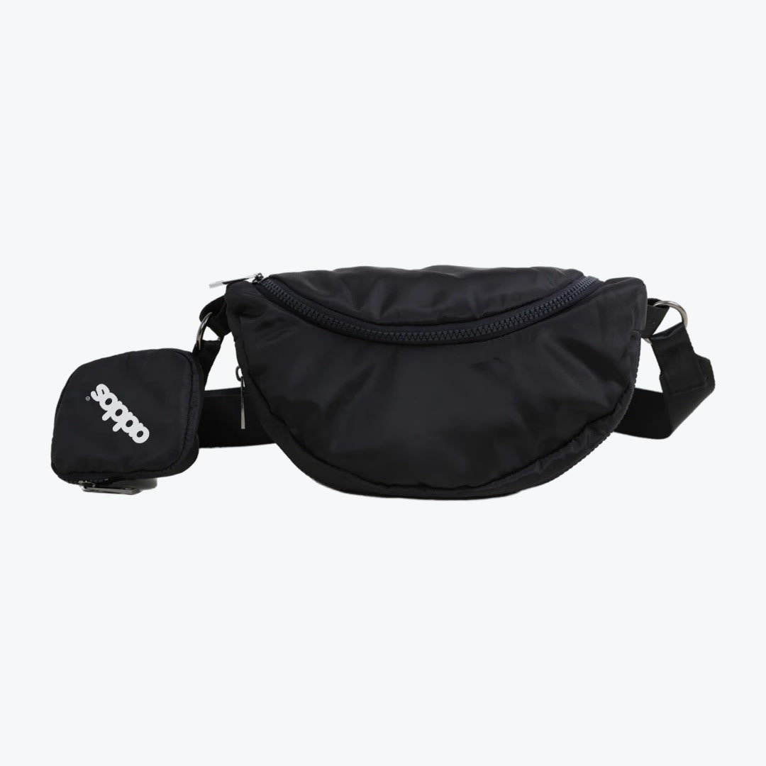Addos Black Waist Bag with Detachable Pouch A black Addos crescent-shaped waist bag with an adjustable strap and a small detachable zippered pouch featuring the white addos logo, set against a plain white background.