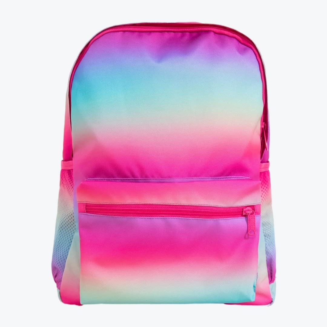 Vibrant Pastel Gradient Ombre Backpack A front view of a backpack with a colorful pastel gradient pattern of pink, purple, blue, and teal, featuring a front zippered pocket and side mesh pockets.