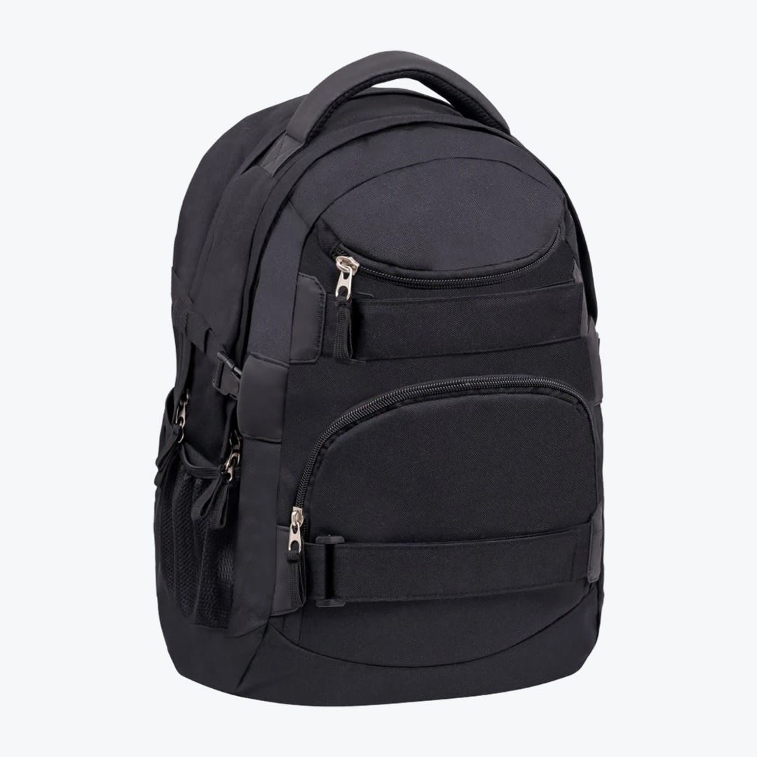 Black Multi-Compartment Travel Backpack A black multi-compartment backpack with zippers and a top handle, isolated on a white background.