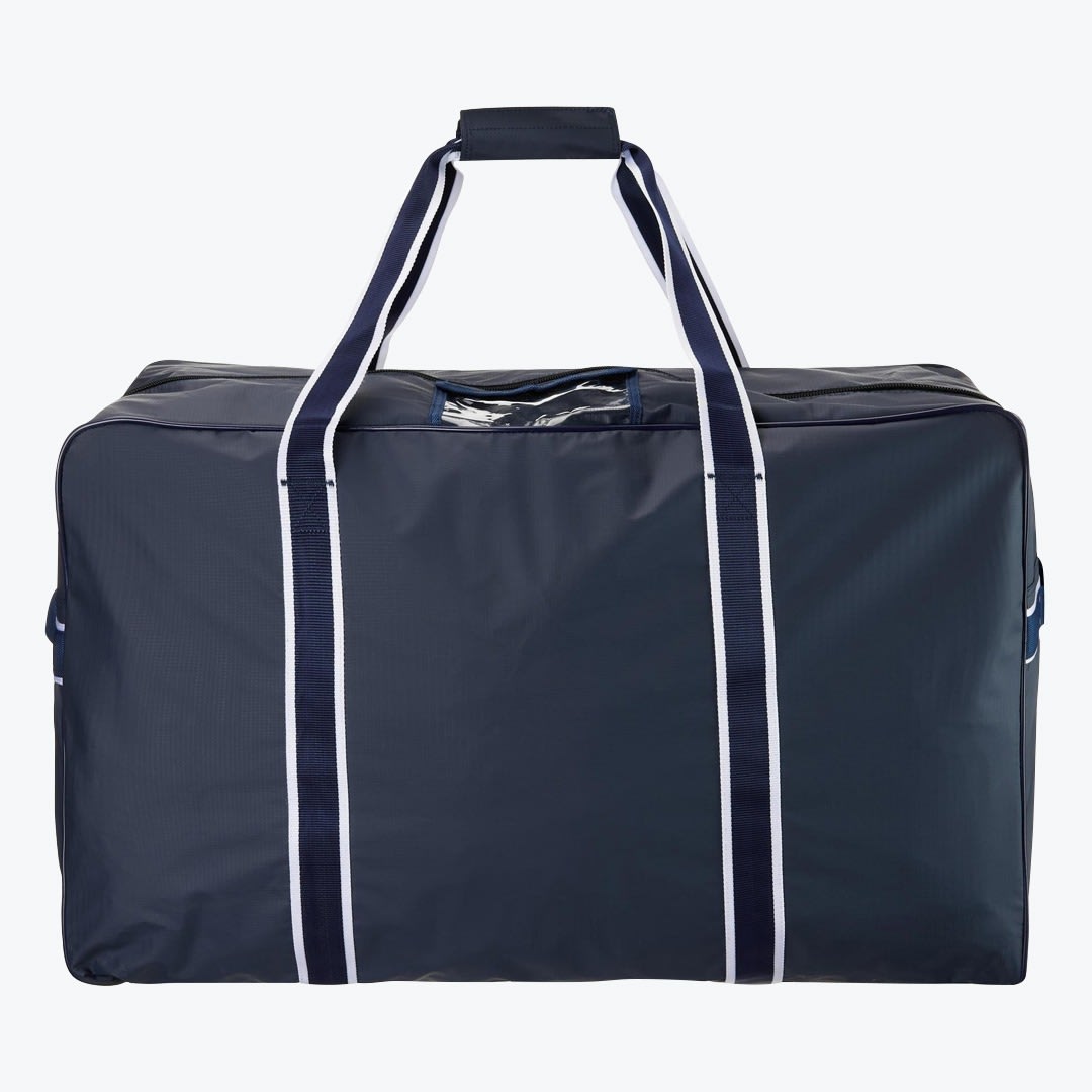 Navy Blue Utility Duffel Bag A rectangular navy blue duffel bag with white-striped handles and a clear ID pocket on top, shown against a plain white background.