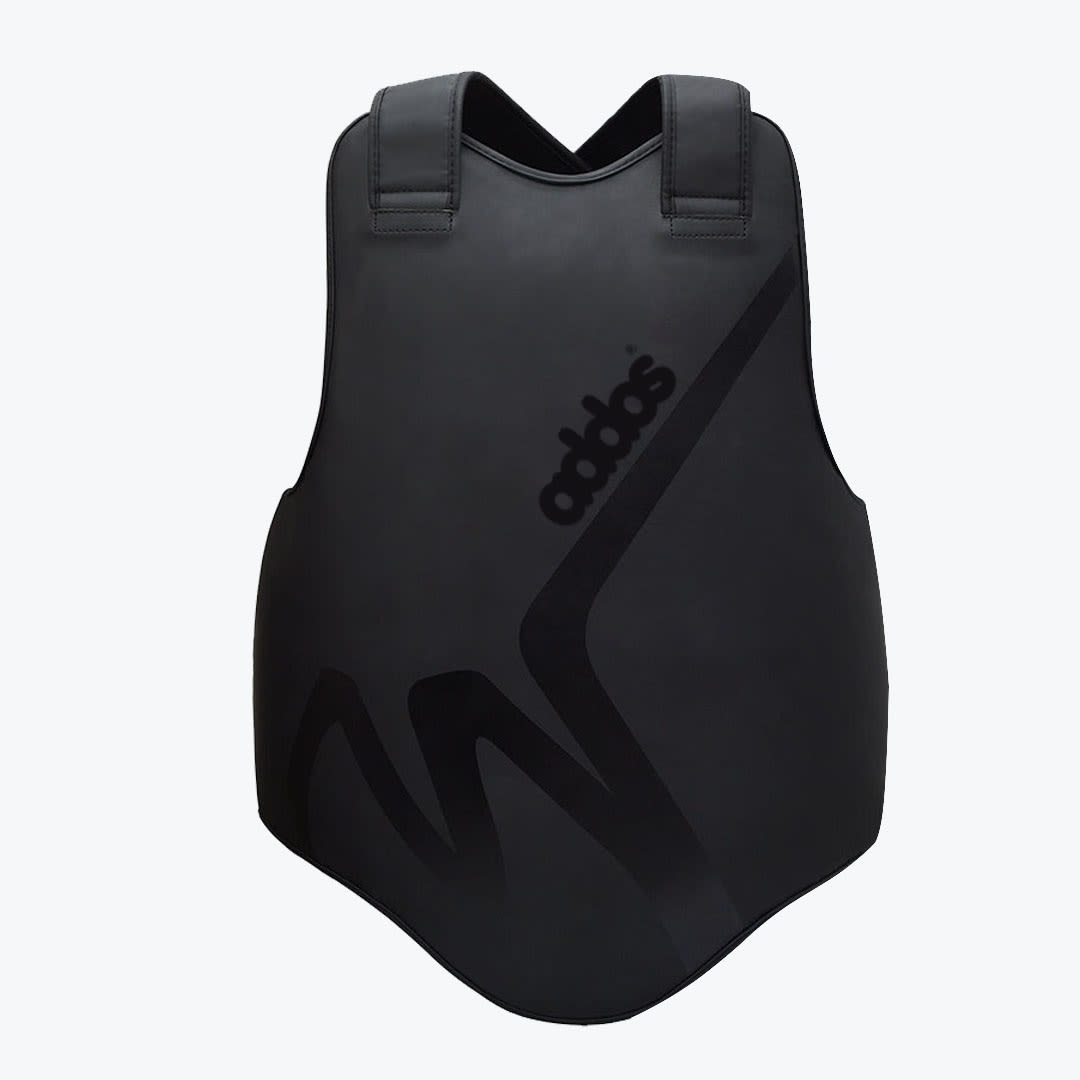Addos Black Martial Arts Chest Guard Front view of an all-black Addos martial arts chest guard with a black logo and graphic design on a white background.