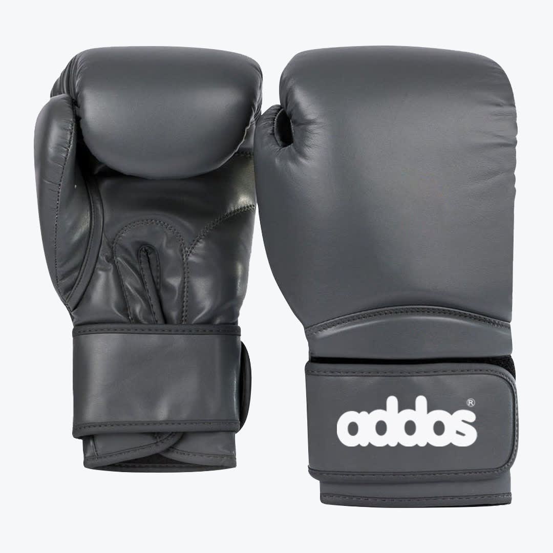 Dark Grey Addos Boxing Gloves A pair of dark grey boxing gloves, with one showing the palm side and the other showing the outer side with the white addos logo on the wrist strap.