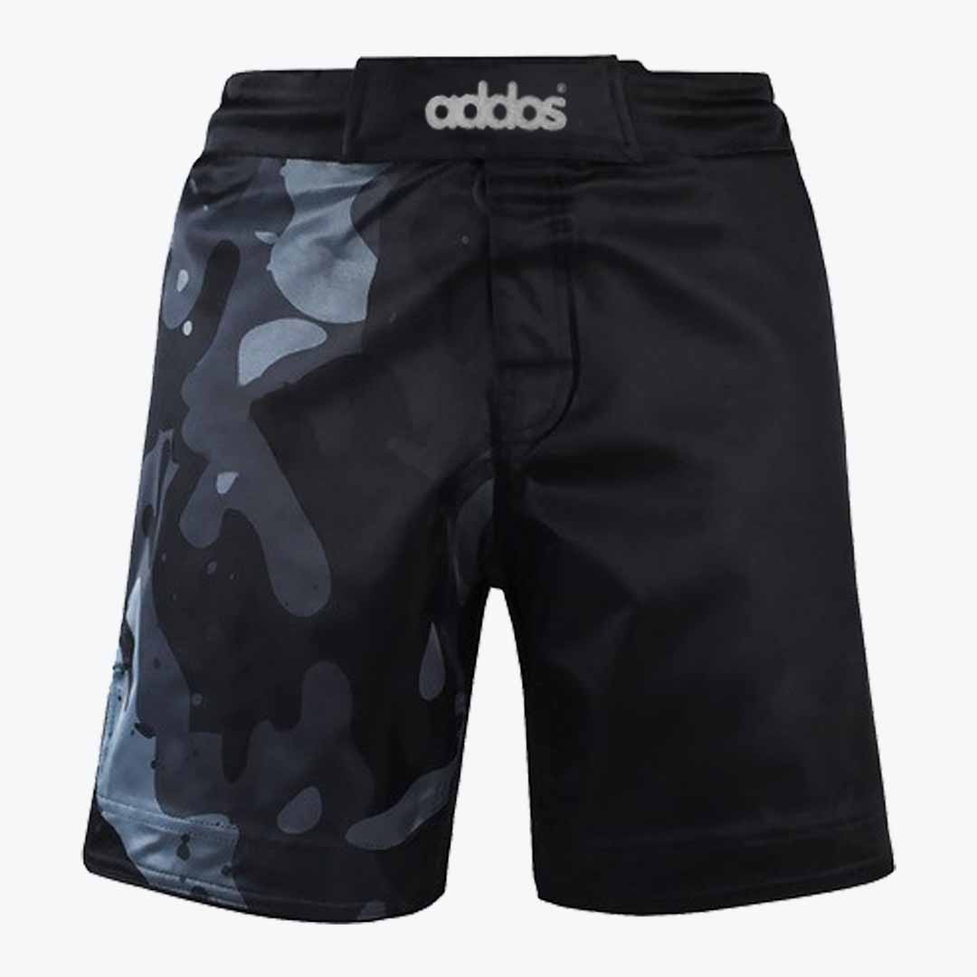 Addos Black and Camo MMA Fight Shorts A pair of black athletic shorts with a dark gray camo pattern on one leg and the brand name addos on the waistband.