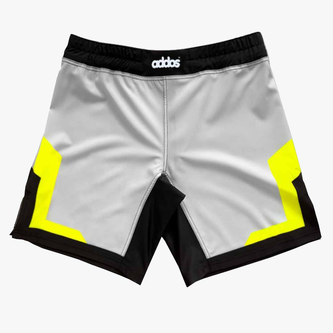 Addos Gray and Black Athletic Training Shorts with Neon Accents A pair of light gray athletic shorts with a black waistband, black bottom trim, and bright neon yellow geometric designs on the sides, set against a plain white background.