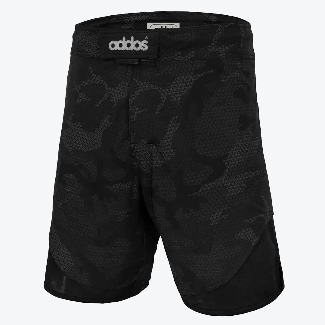 Addos Black Camouflage MMA Fight Shorts A front view of black and dark grey camouflage athletic shorts with a hook-and-loop waistband featuring the addos logo.