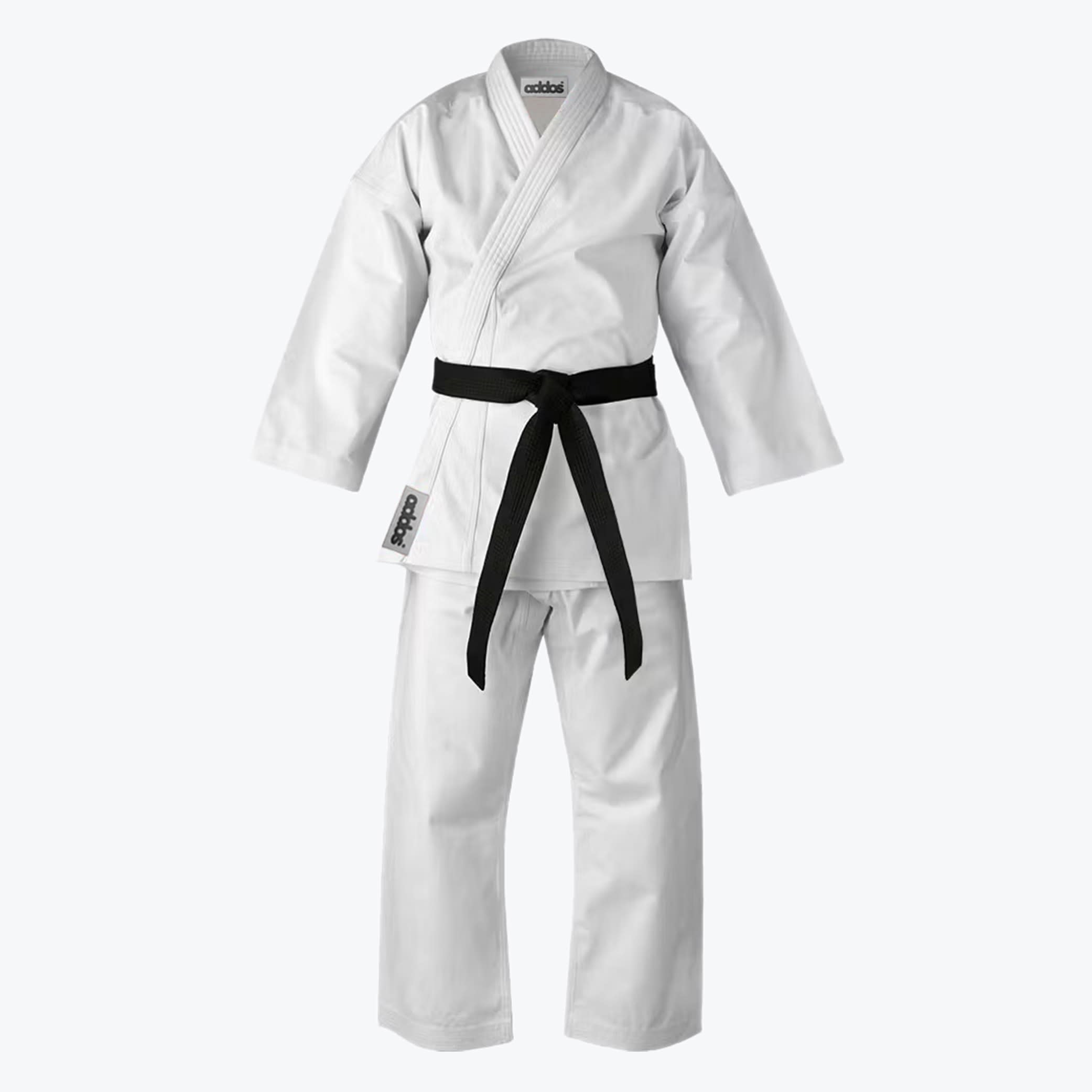 White Addos Karate Gi with Black Belt A full-length view of a white Addos karate gi uniform featuring a black belt tied at the waist, displayed against a solid white background.