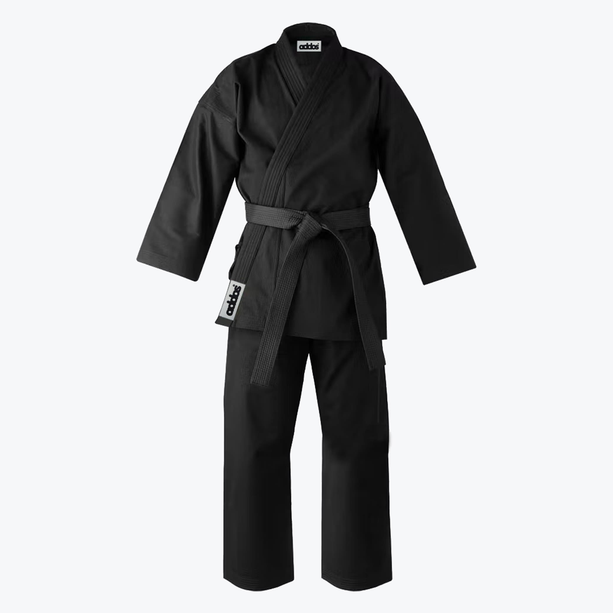 Addos Black Martial Arts Karate Gi with Black Belt An Addos black karate uniform consisting of a jacket, pants, and a tied black belt on a white background.
