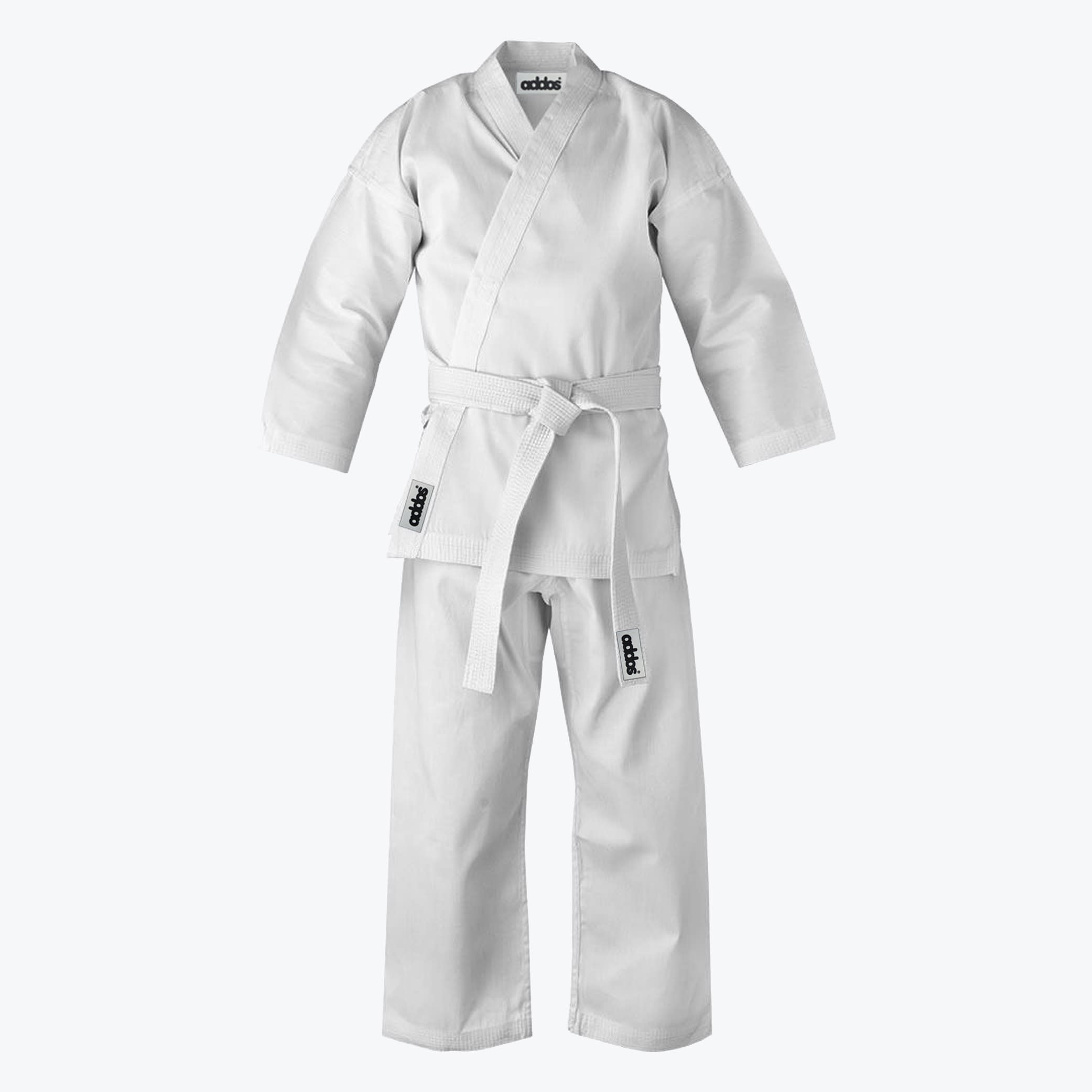 Addos White Karate Gi Uniform A full-length studio shot of a white Addos karate uniform including a jacket, pants, and a tied white belt.