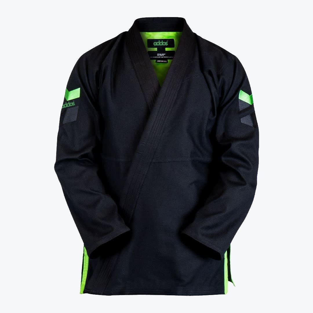 Addos Black and Lime Green BJJ Gi Jacket Front view of a black Addos BJJ gi jacket with vibrant lime green accents on the inner collar, sleeves, and side vents.