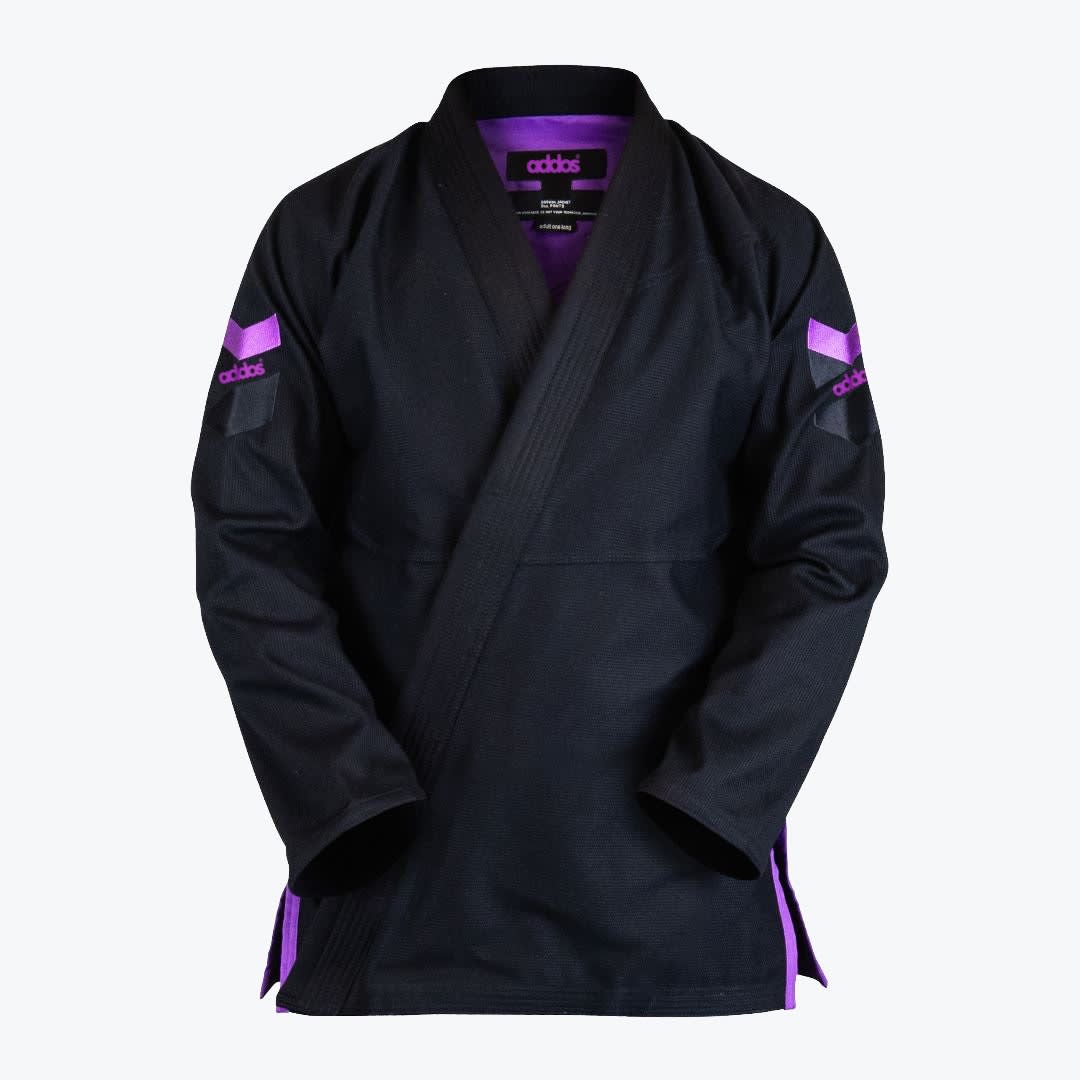 Addos Black and Purple Jiu-Jitsu Gi Jacket Front view of a black Addos Jiu-Jitsu gi jacket with purple accents on the collar lining, sleeves, and side vents, set against a plain white background.