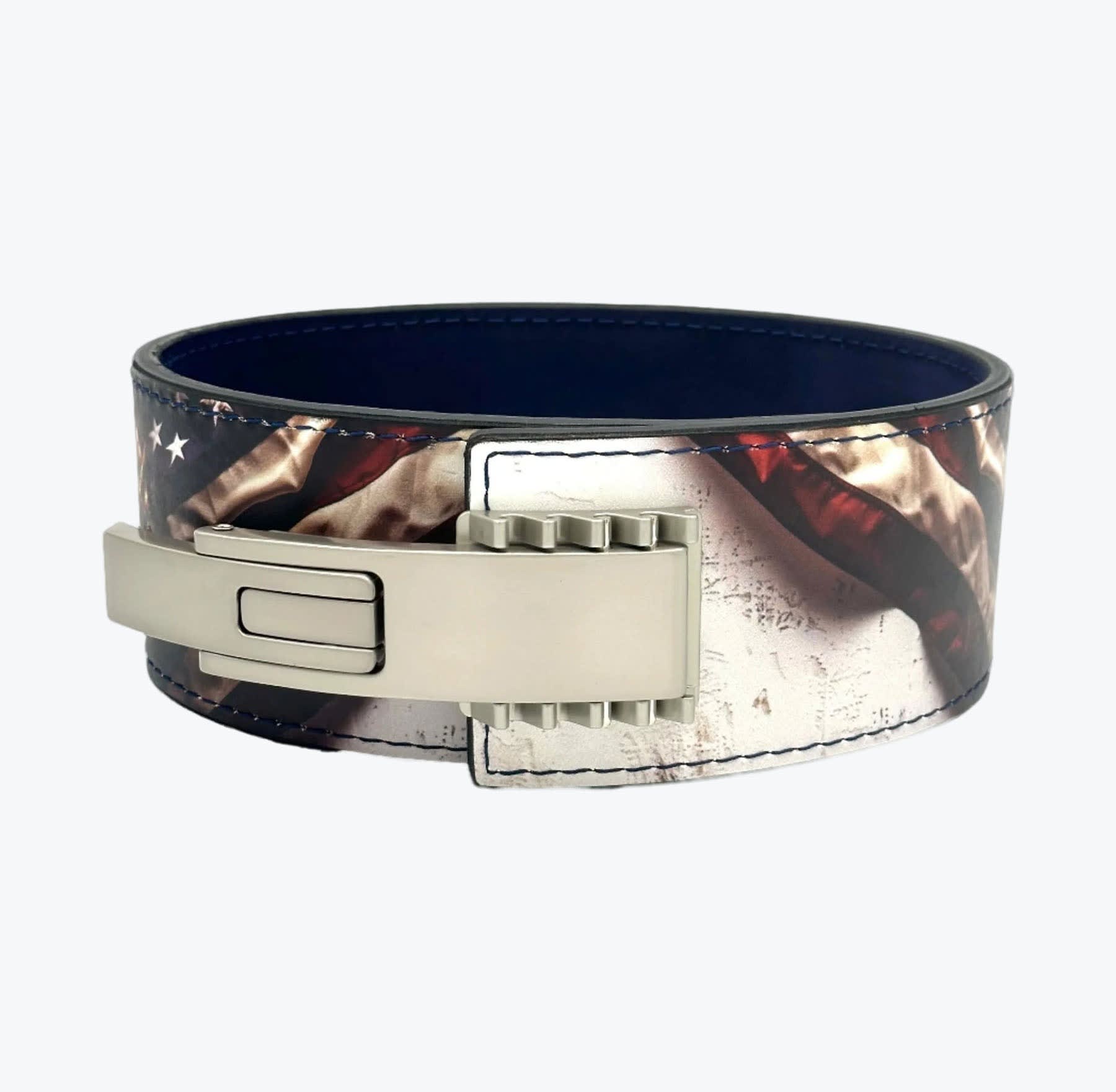 A weightlifting belt with an American flag print and a silver lever buckle on a white background.