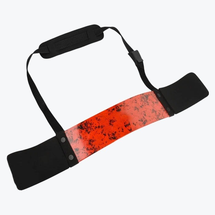 An arm blaster fitness tool with a red and black textured metal plate, black padded ends, and an adjustable black neck strap.