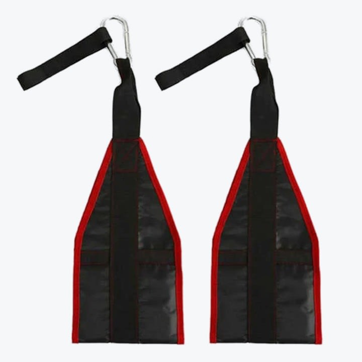 A pair of black hanging ab straps with red borders and silver carabiners on a white background.