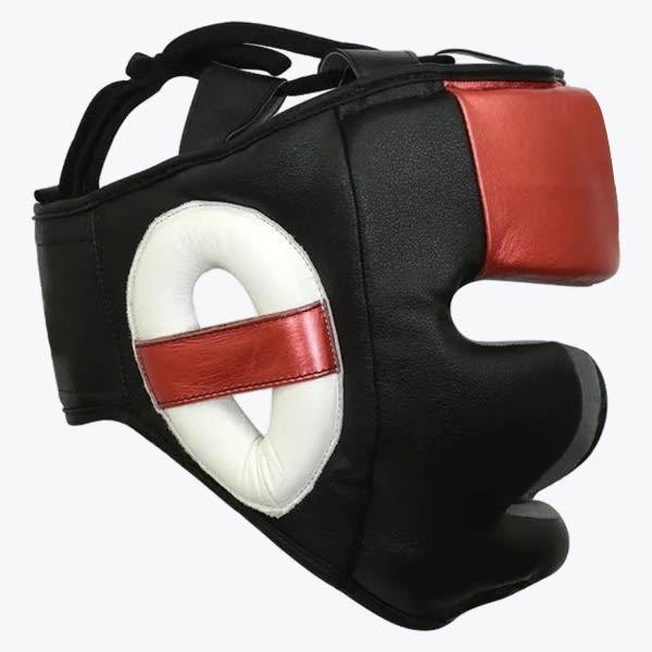 A side-angle shot of a black leather boxing headgear with red and white accents on a white background.