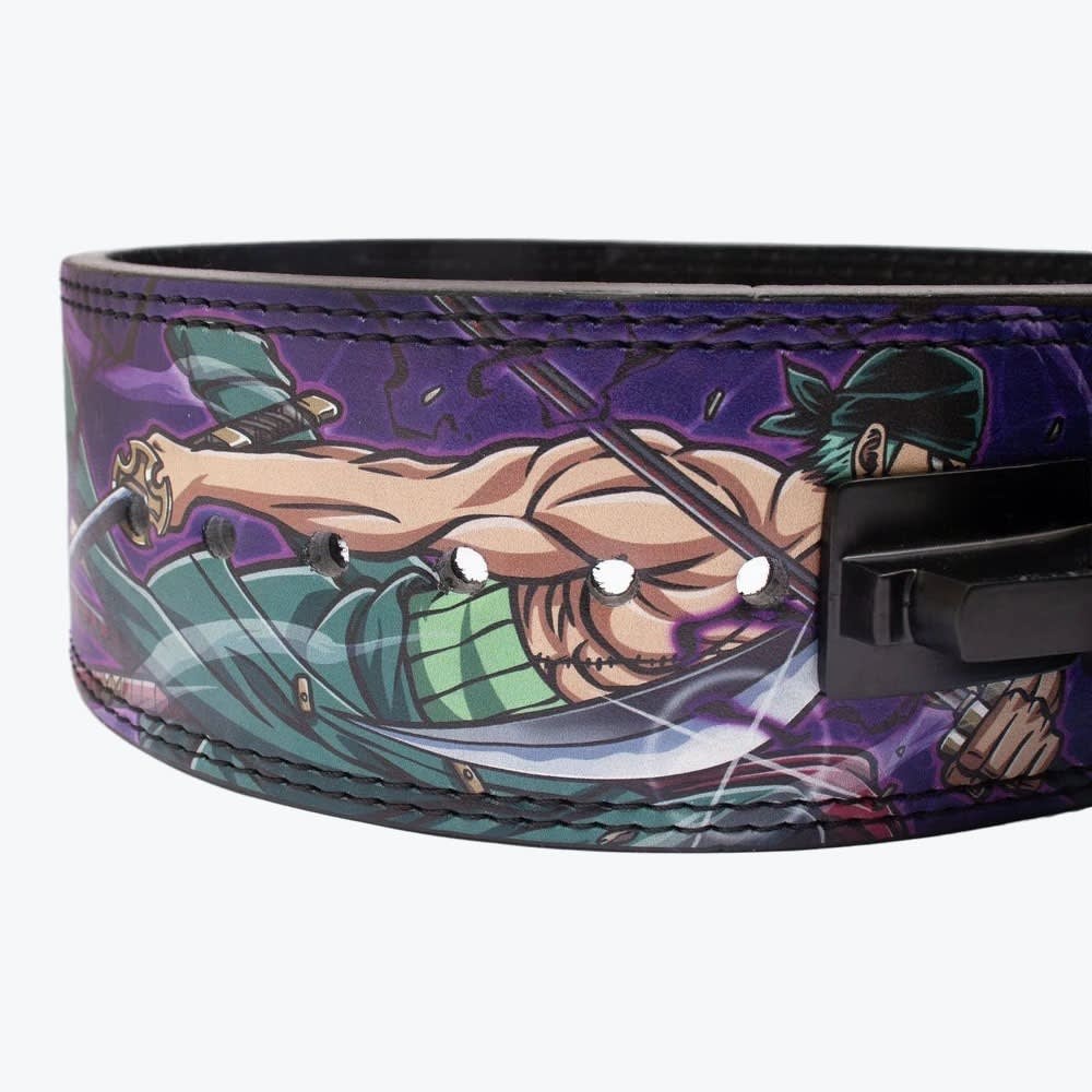 Close-up of a purple and green custom weightlifting belt featuring anime artwork of Roronoa Zoro from One Piece with a black lever buckle.