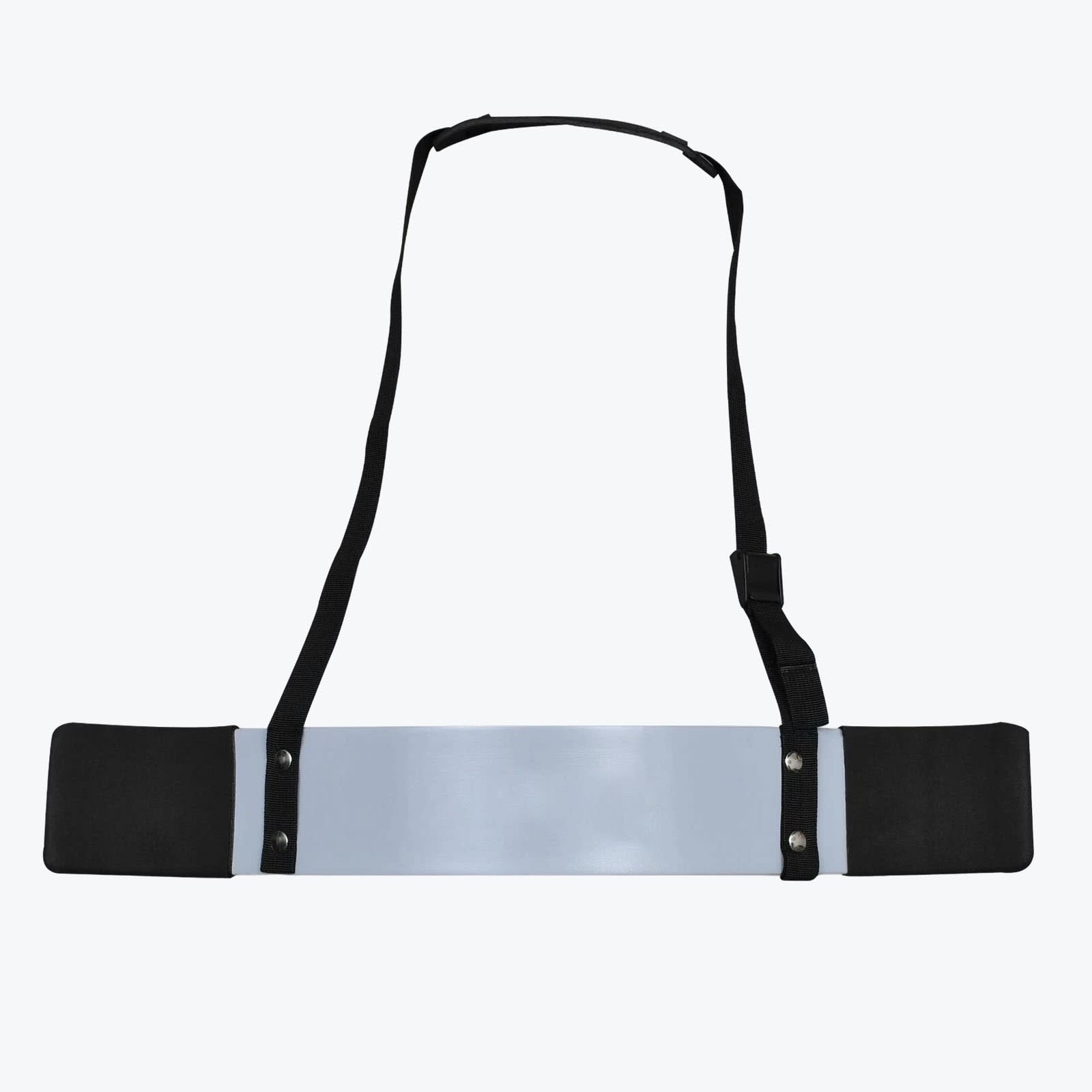 A white metal bicep arm blaster with black padded ends and an adjustable black neck strap against a plain white background.