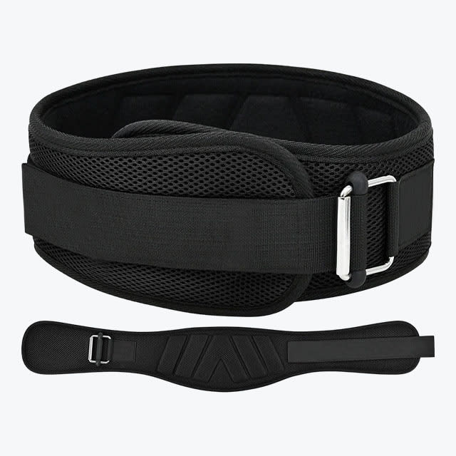 A black nylon weightlifting belt shown in two views: fastened in a loop on top, and laid flat below to show its contoured lumbar support and adjustable strap.