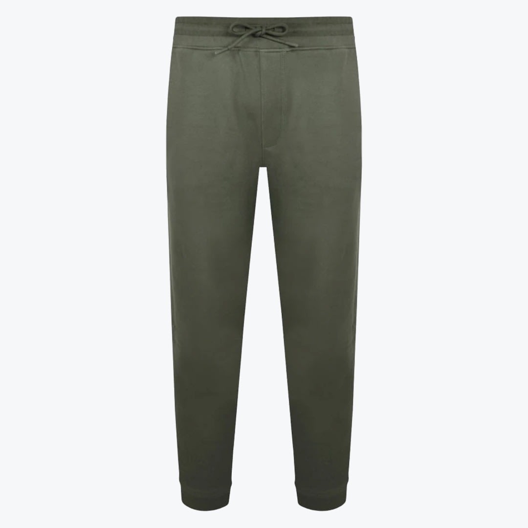 A pair of olive green sweatpants with a drawstring waistband and tapered legs, shown against a plain white background.