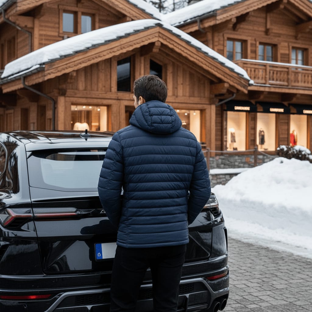 Rear view of a man in a navy blue quilted puffer jacket standing behind a black luxury SUV in a snowy alpine village with wooden chalets.
