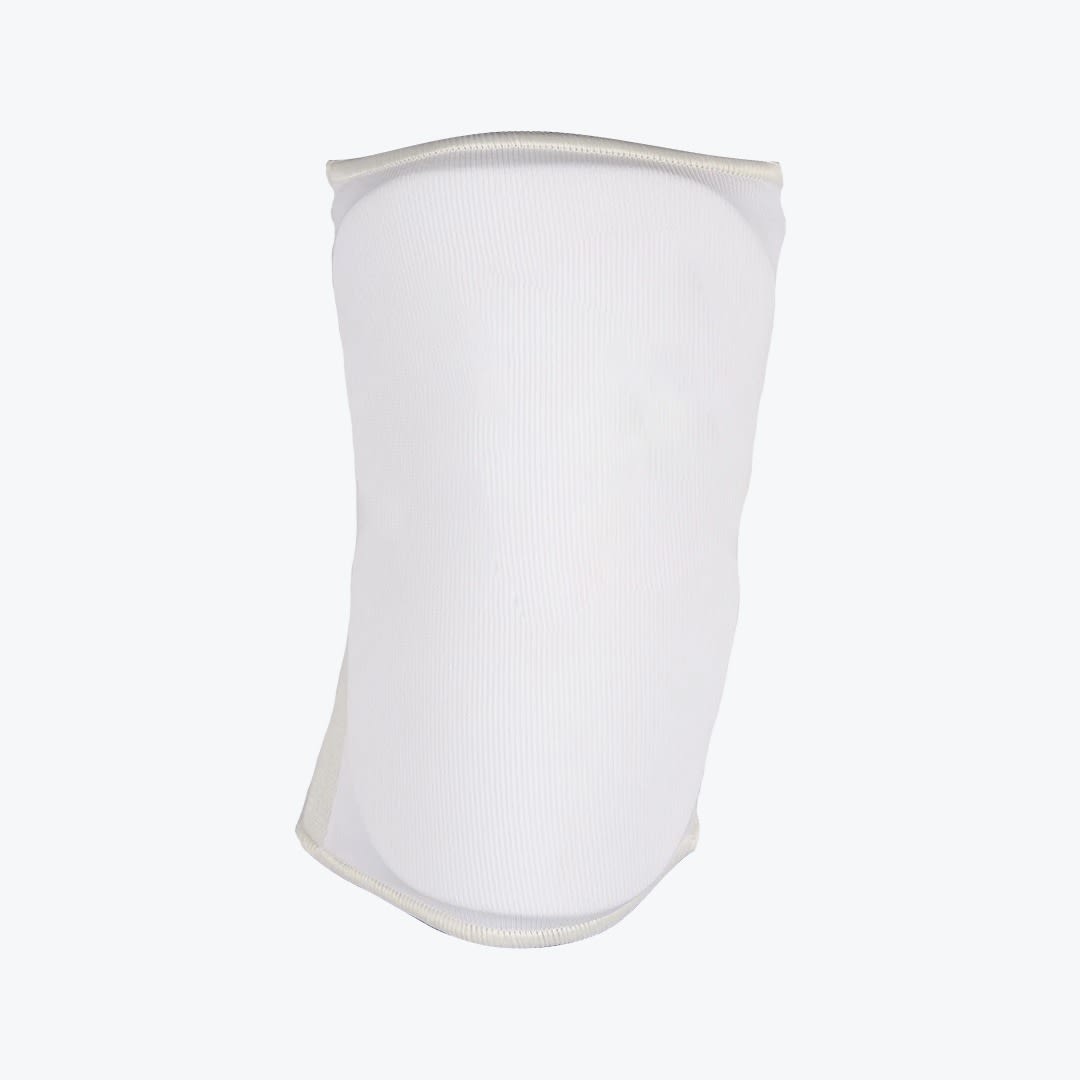 A white padded knee sleeve or knee pad designed for sports protection, isolated on a plain light background.