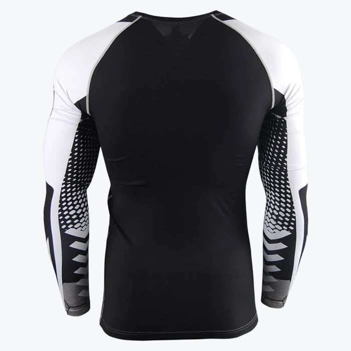 Back view of a black and white long-sleeve compression shirt with patterned sleeves on a white background.