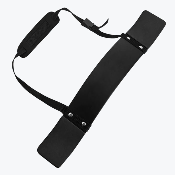 A black bicep arm blaster with an adjustable neck strap and padded neck guard, isolated on a white background.