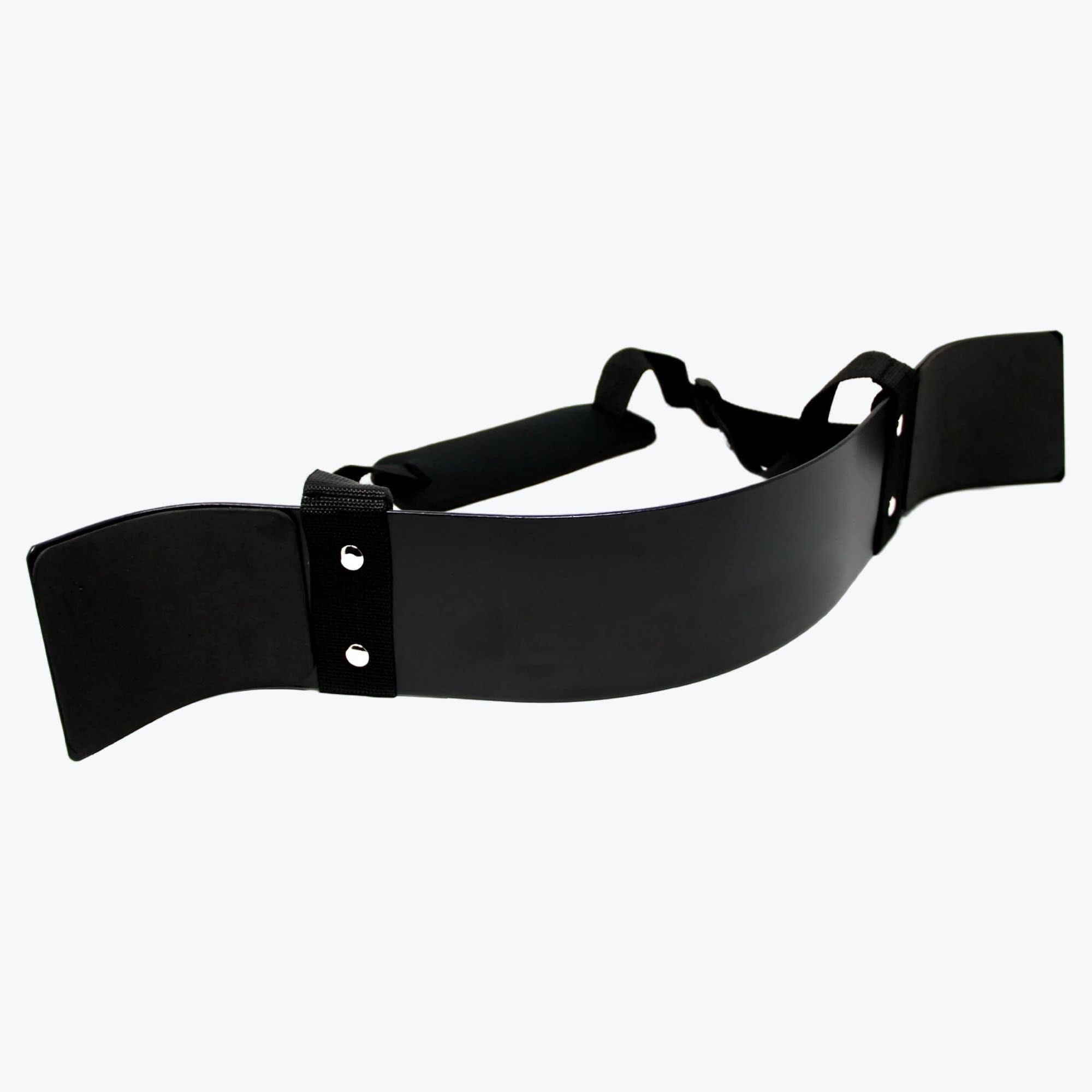 A black arm blaster with a curved plate and adjustable neck strap, isolated on a white background.