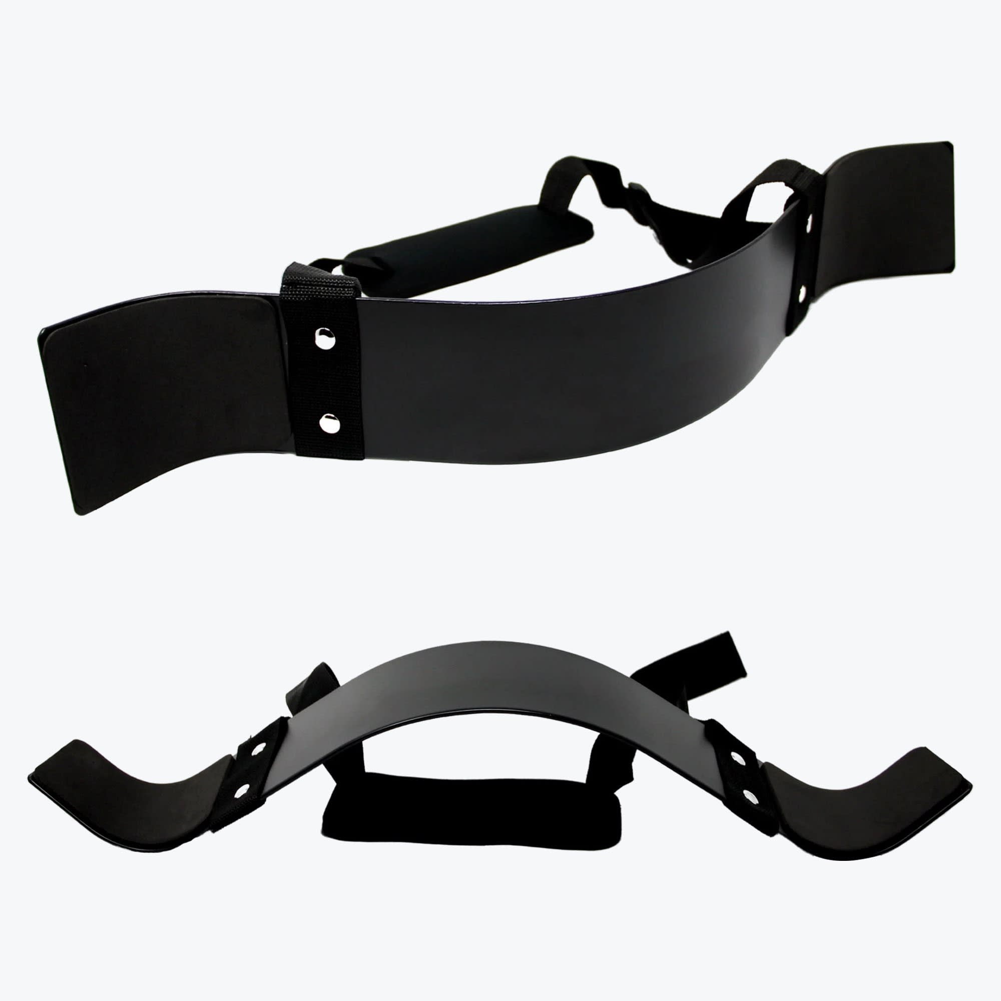 Two views of a black bicep arm blaster fitness accessory, showcasing its curved metal plate, adjustable neck strap, and padded neck guard.