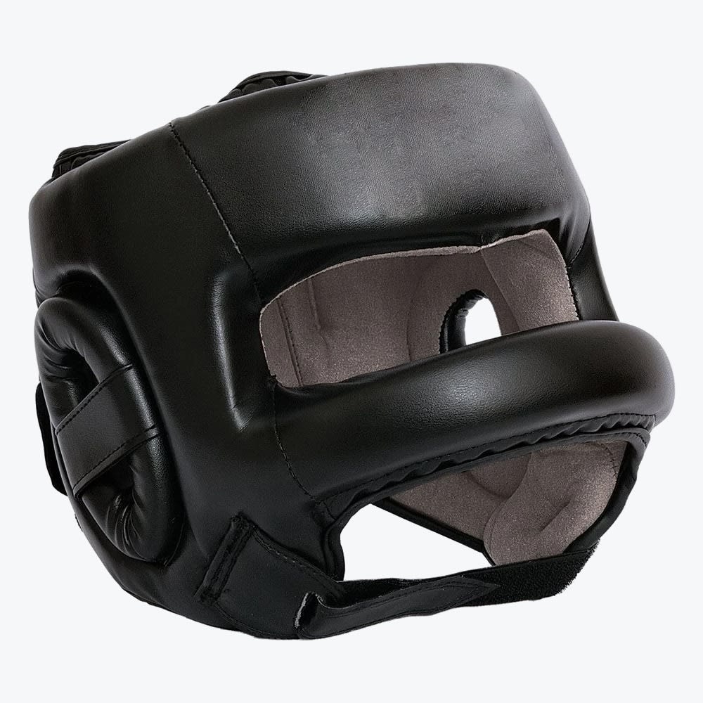 A black leather boxing headgear with a protective face bar and padded ear guards, shown on a white background.