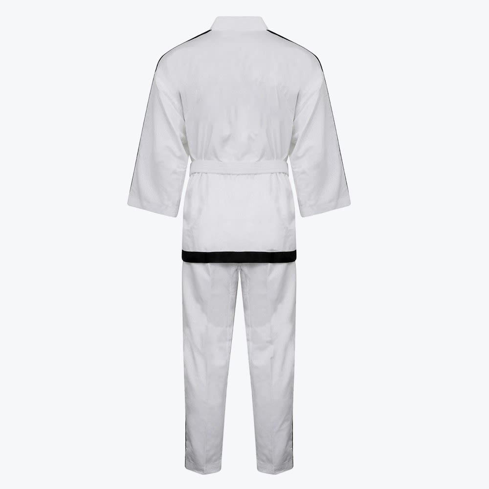 Back view of a white martial arts uniform with black stripes on the shoulders and pants, tied with a white belt.