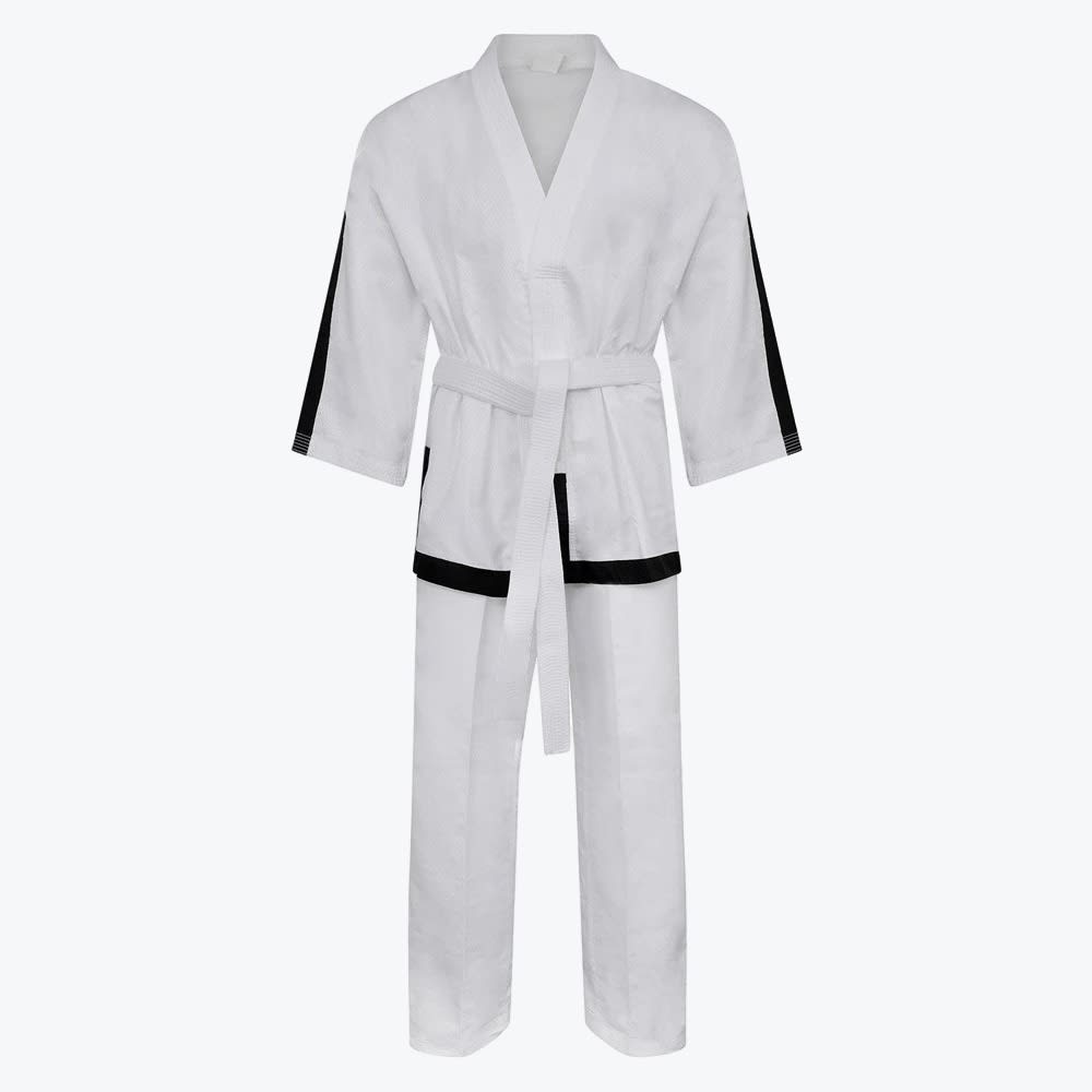 Full-length view of a white martial arts uniform with black trim on the sleeves and jacket hem, tied with a white belt, set against a plain white background.