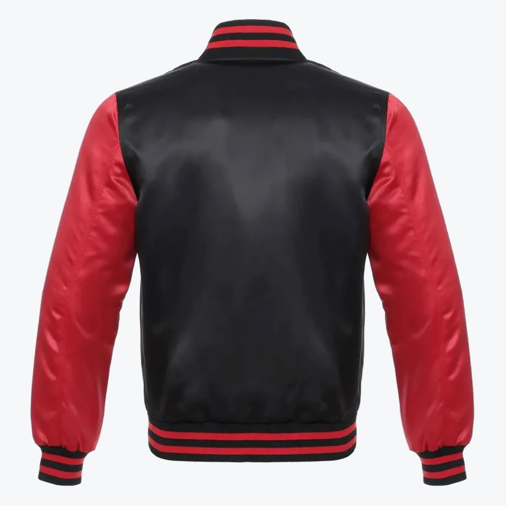 Back view of a black satin varsity jacket with red sleeves and striped ribbed trim.